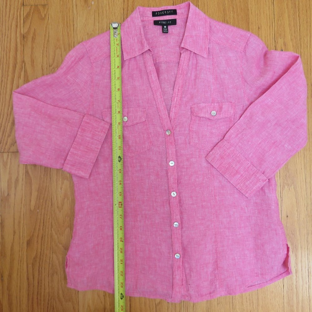 CLEARANCE Foxcroft Raspberry colored 100% Linen Y neck button down shirt size 8 - Picture 7 of 7